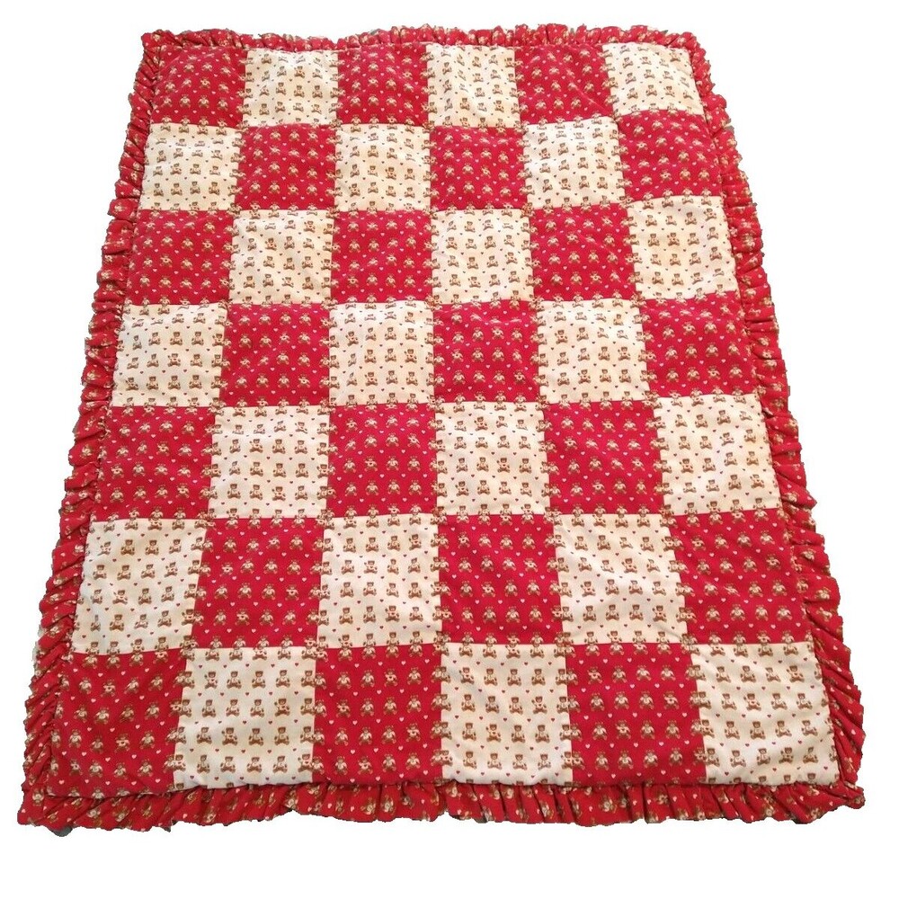 Vintage Red with White bear printed Love Quilt For Baby Crib